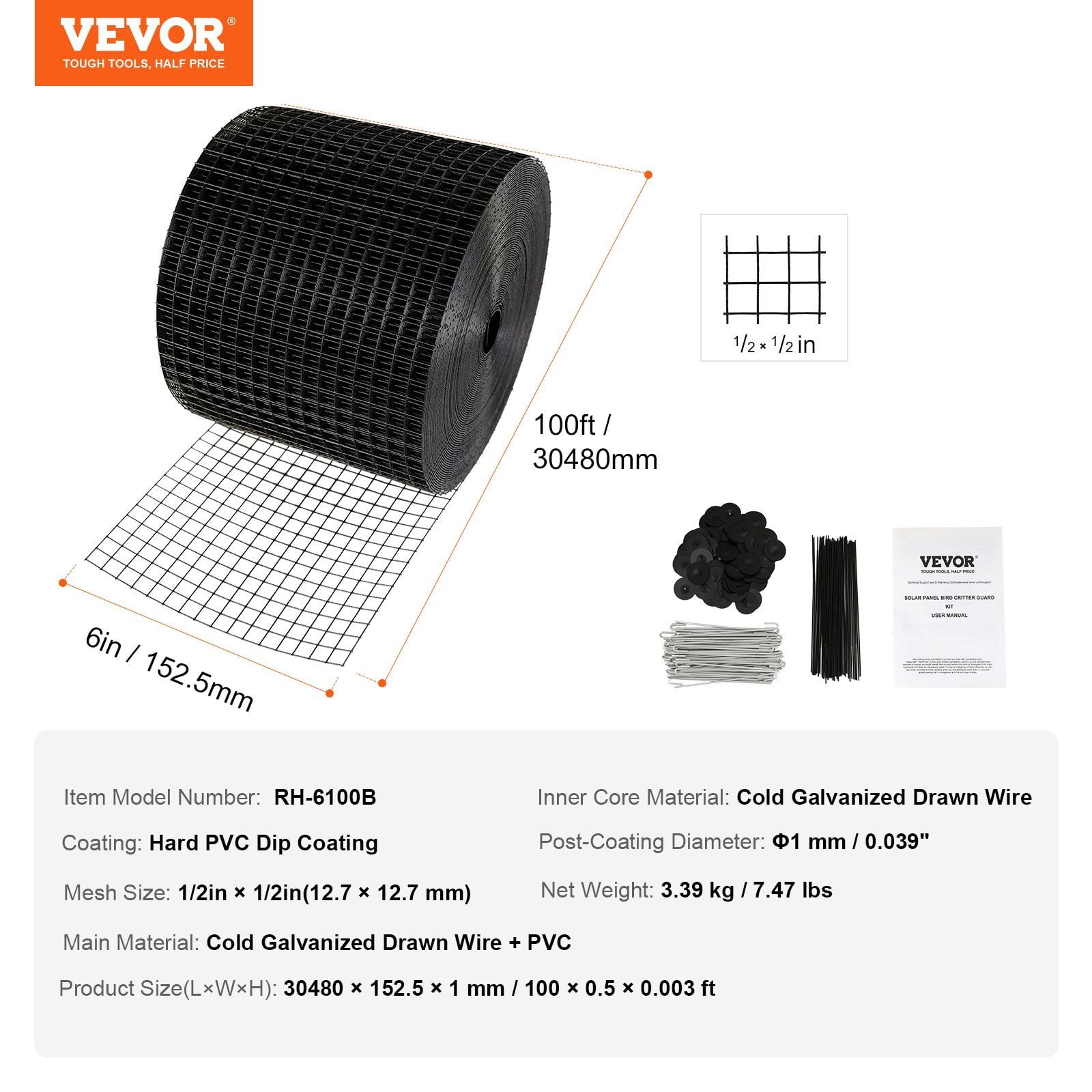 6 inch x 100ft Solar Panel Bird Guard, Critter Guard Roll Kit with 100pcs Stainless Steel Fasteners, Solar Panel Guard with Rust-proof PVC Coating, 1/2 inch Wire Roll Mesh