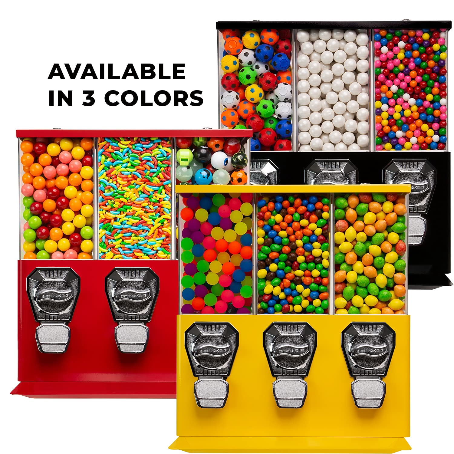 Vending Machine - Commercial Gumball and Candy Machine with Stand - Red Triple Vending Machine with Interchangeable Canisters - Coin Operated Candy Dispenser and Gumball Machine - Vending Dispenser