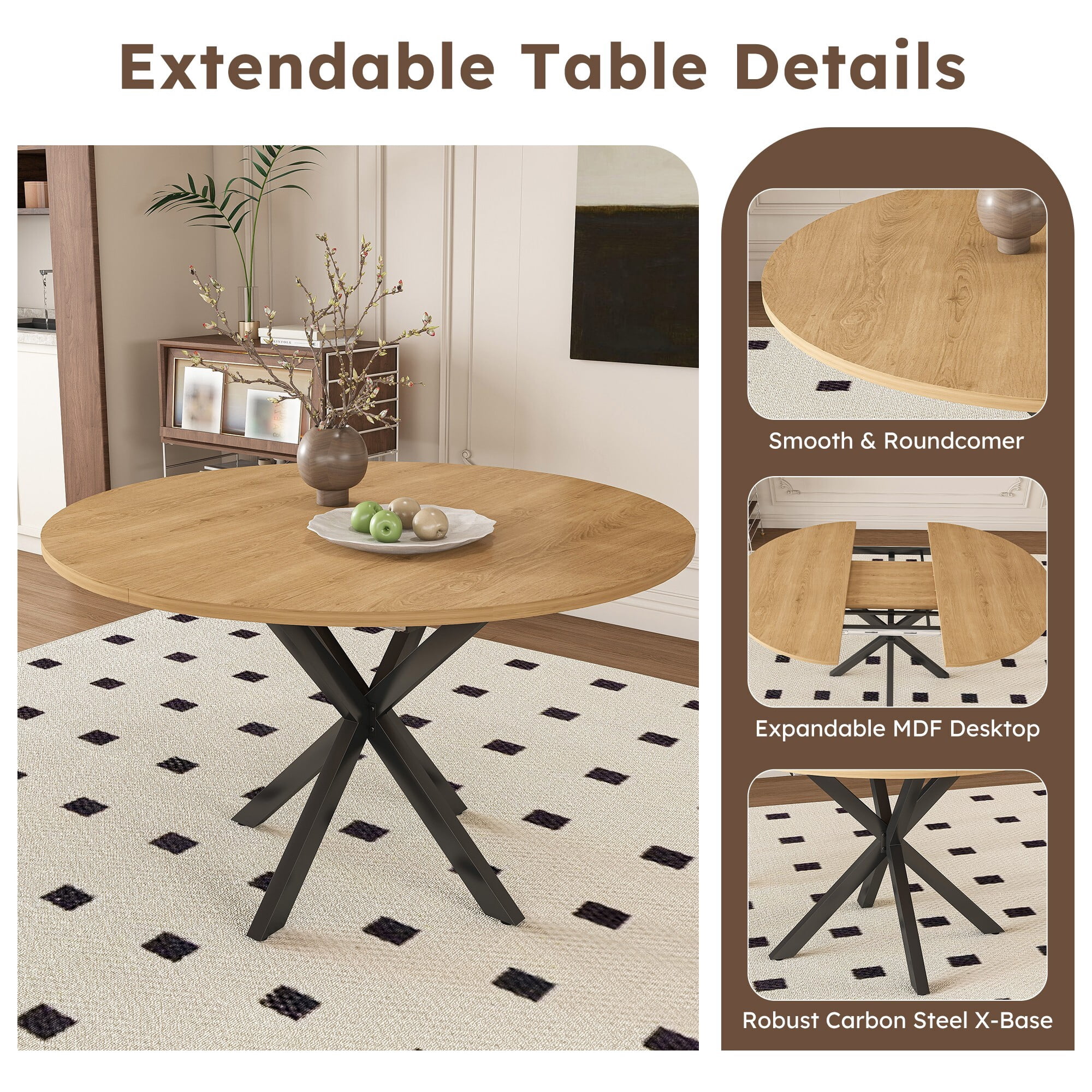 AENKYO 42"-58" Expandable Round Dining Table, Natural Wood Color Top & Black X-Base Pedestal, Seats 4-6