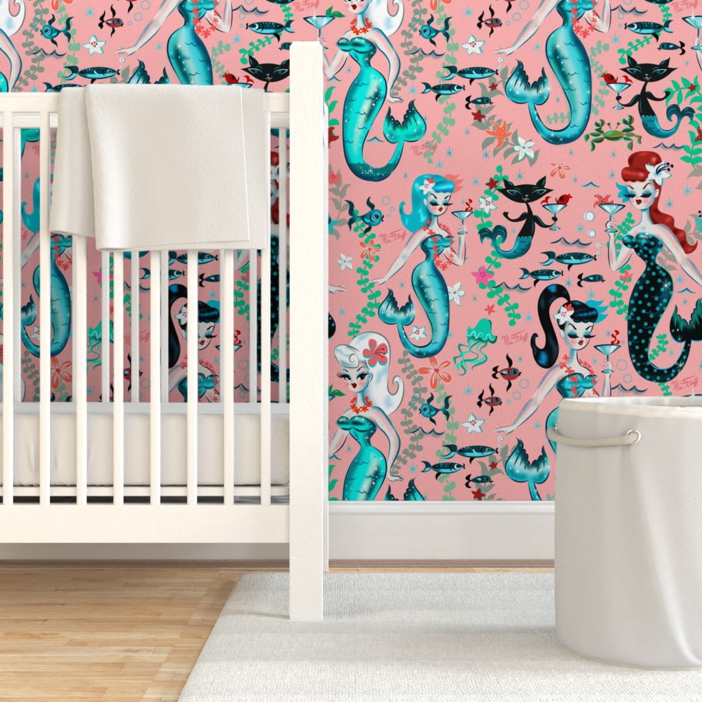 Wallpaper Roll Mermaid Watercolor Mermaids Green Nursery Decor Kids 24in x 27ft