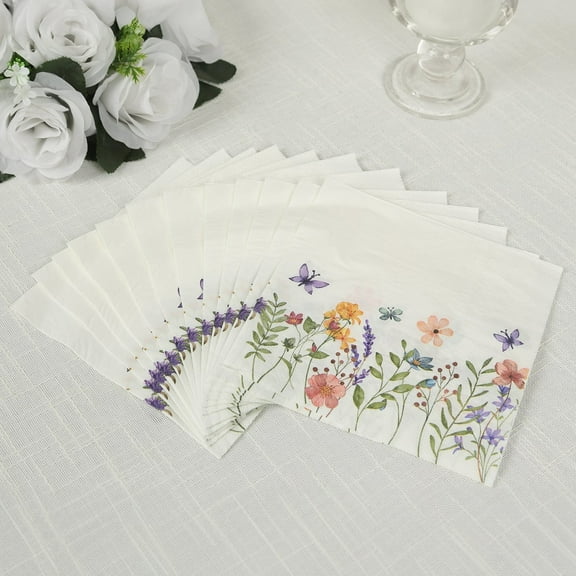 Balsa Circle 50 White Paper Cocktail Napkins with Wildflower Butterfly Design Wedding Birthday Events Reception Catering Party Home Decorations Supplies