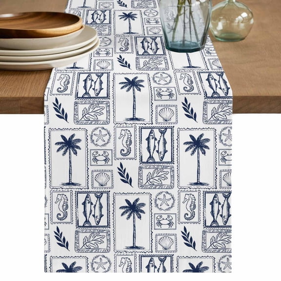 Blue Tropical Plant Table Runner 72 Inches, Summer Palm Trees Coastal Starfish Bed Runner Dresser Scarves Tabletop for Indoor Outdoor Parties/Ceremony/Banquet, 14" x 72"
