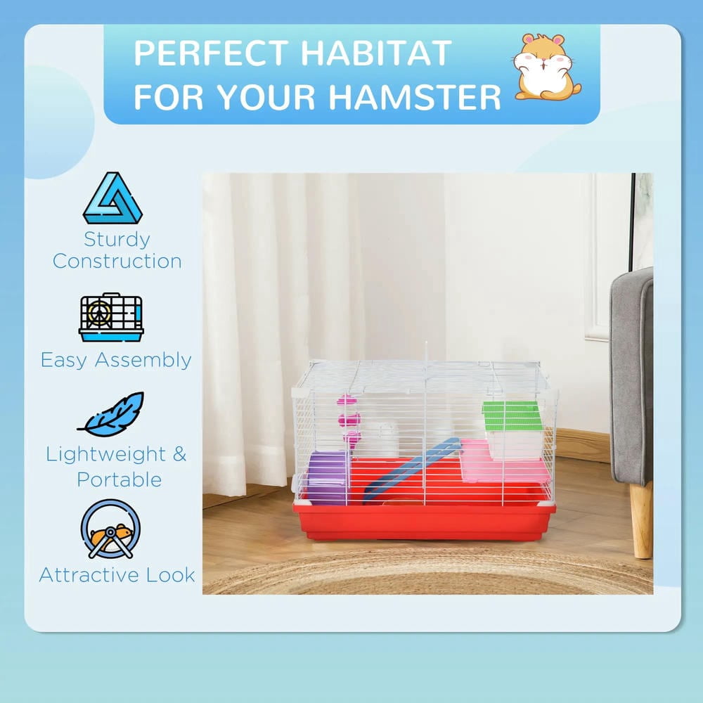 GVN Hamster Cage, Small Hamster Habitat,18.5" Hamster Cage with Exercise Wheel and Water Bottle, Dish, Rat House and Habitat 2-Story Design, Red