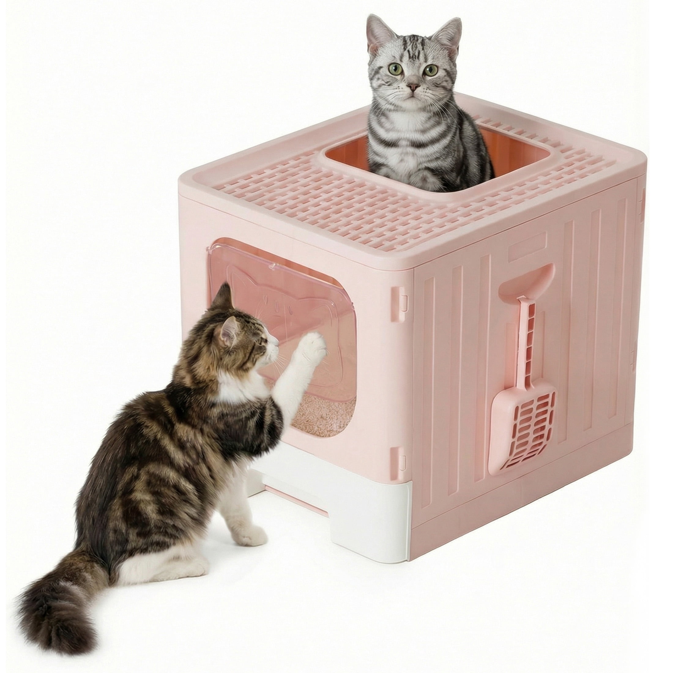 EDX Large Foldable Cat Litter Box with Lid, Enclosed Anti-Splashing Cat Box with Litter Scoop, Front Entry Top Exit Kitty Litter Box with Door, Drawer Design, Easy Cleaning & Odor Control, Pink