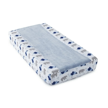 UPC: 0190945039880 | Levtex Baby – Trail Mix Diaper Changing Pad Cover – Fits Most Standard Changing Pads – Blue Plush Grey Bears and Blue Mountains – Nursery Accessories – Plush