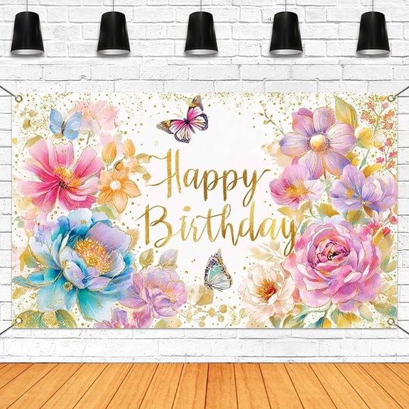 Floral Happy Birthday Banner for Women Pink Flowers Blossom Girls Birthday Party Decorations Spring Butterfly Happy Birthday Photography Background Supplies (Floral, 70.8 x 43.3 Inch)