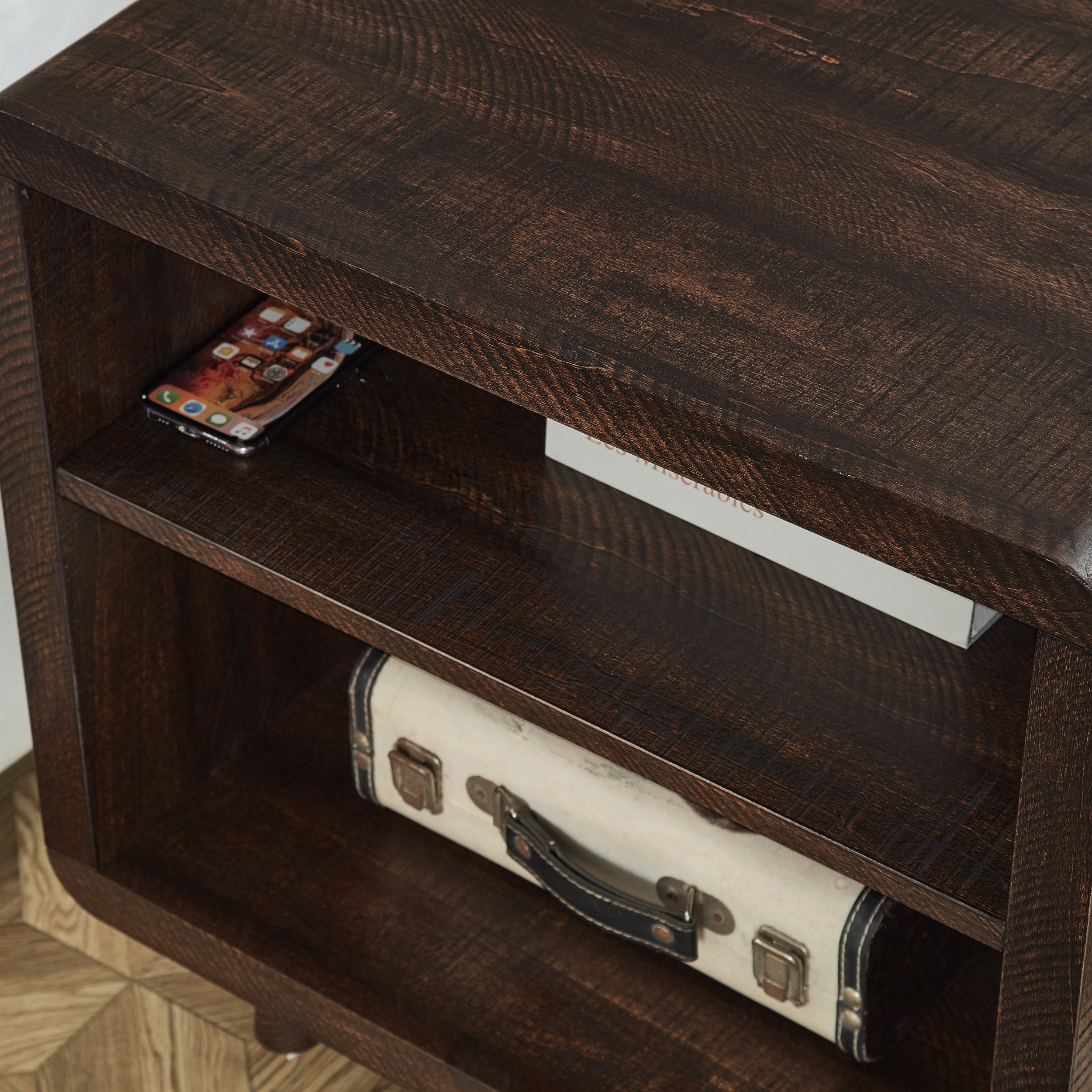 Roundhill Furniture Lux Modern Wood Shelf Side Table, Bedside Nightstand, Brown