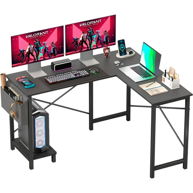FDW 50 Inch L-Shaped Computer Desk,Gaming Desk with Durable Metal Frame,Corner Desk with Side Storage Bag & CPU Stand for Home Office Gaming Study,Black