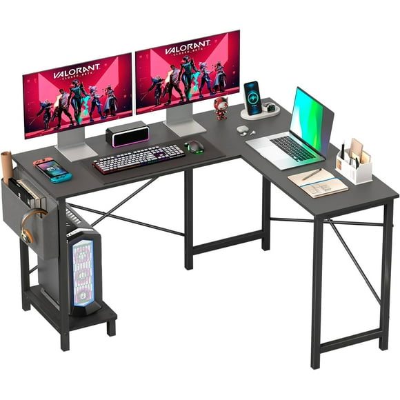 FDW Bureau en L de 50 Pouces, Gaming, Sac de Rangement Latéral et Support pour CPU, Coin pour Bureau à Domicile, Chambre, Écriture et Gaming, Noir