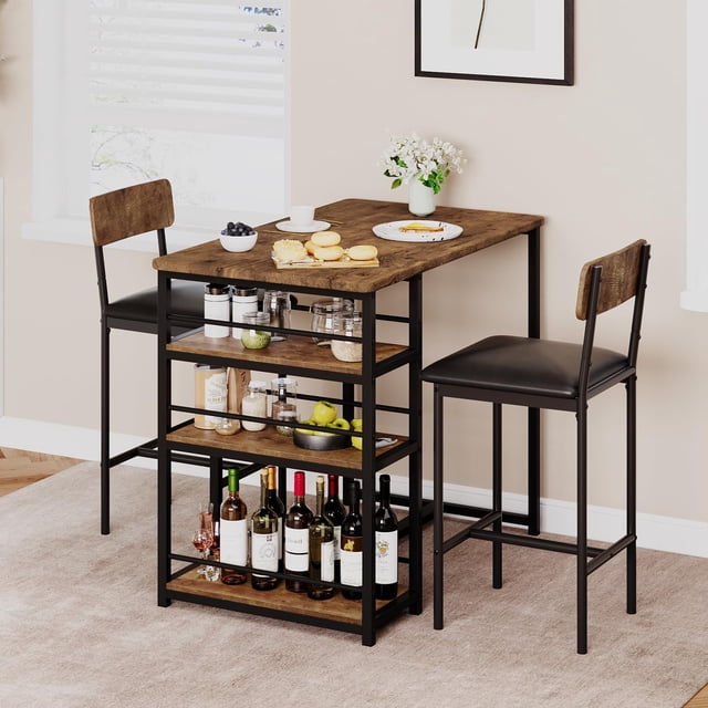 1+2 Set Dining Table,Kitchen Table with 2 UpholsteRed Bar Chairs,3 Large Storage Shelves,Kitchen Bar Table Set for Small Space,Apartment,Studio,Breakfast,Retro