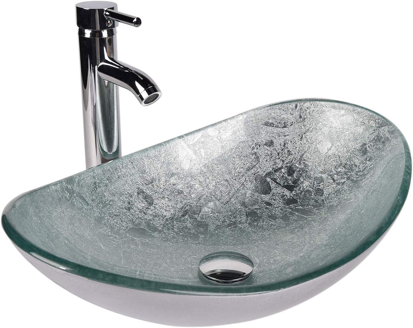 Bathroom Tempered Glass Green Leaves Vessel Basin Sink With Waterfall Taps Set 