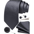 thumbnail image 3 of Grey Ties for Men Plaid Checkered Tie Set Silk Necktie Pocket Square Handkerchief Cufflinks Lapel Pin Tie Clip, 3 of 6