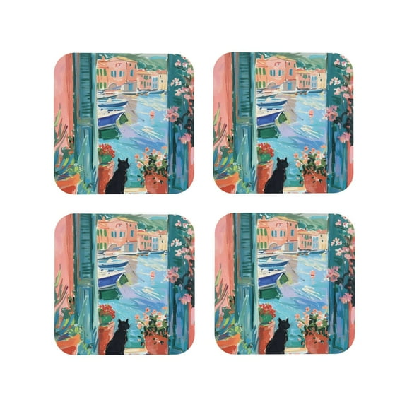 Fuzoiu Coastal Cat By The Window Print Leather Coasters Set,Drink Coasters Set of 4,for Tabletop Protection, Durable PVC Coasters,Home Décor and Housewarming Gift-Square