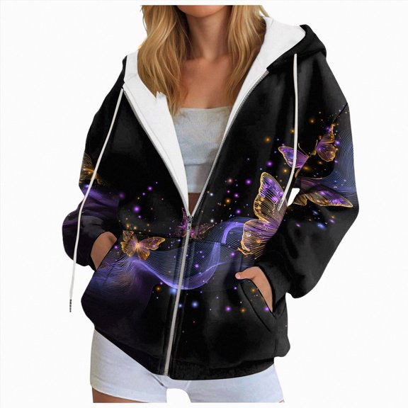 COMVALUE Womens Zip Up Hoodies Boho Floral Long Sleeve Sweatshirts Casual Graphic Y2K Hoodie Fall Hooded Jacket with Pockets (Purple, 3XL)
