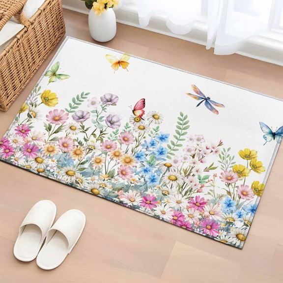 Wildflowers Entryway Rug 2'x3' Non Slip Front Door Mats, Farmhouse Country Dragonfly Butterfly Floral Entrance Rugs Indoor Outdoor Carpet, Washable Floor Mats Small Area Rug for Bedroom Kitchen