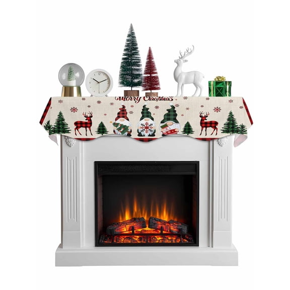 Christmas Gnomes Mantel Scarf Fireplace Decorations for Living Room, Red Black Plaid Xmas Tree Snowflake Rustic Fireplace Mantel Scarf Cover Runner for Halloween/Thanksgiving/Christmas Decor 90"x17"