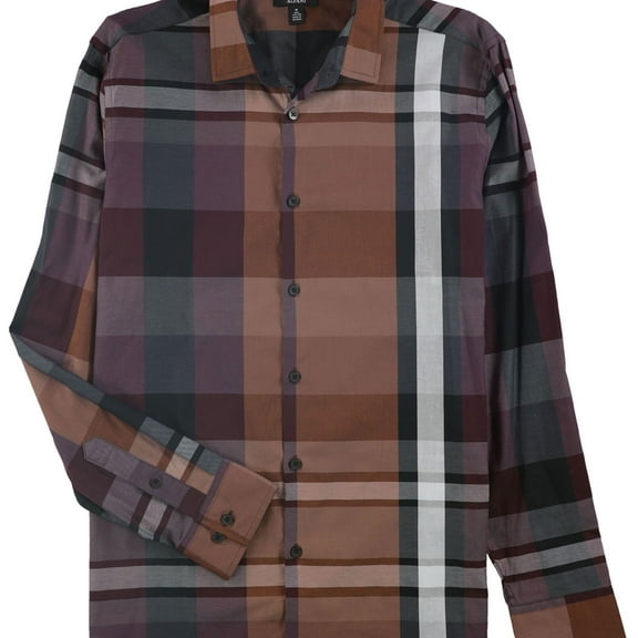 Alfani Mens Bowler Plaid Button Up Shirt, Brown, Small