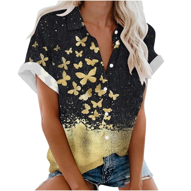 Blusa con estampado floral de manga corta con cuello en V para mujer OAVQHLG3B Store lin121212