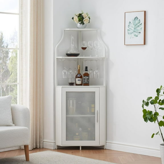 Amyove Corner Wine Bar Rack Cabinet with Detachable Wine Rack, Bar Cabinet with Glass Holder, Small Sideboard and Buffet Cabinet with Mesh Door,White