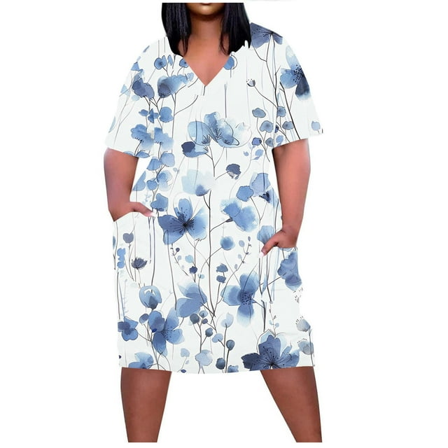 Pisexur Robes d'Été pour Femmes Mode à Imprimé Floral Robe Soleil Décontractée Ample à Col en V à Manches Courtes Robes T-Shirt Fluides Surdimensionnées Robe de Plage avec Poches Grande Taille Robe Mi-Mollet L-5TG