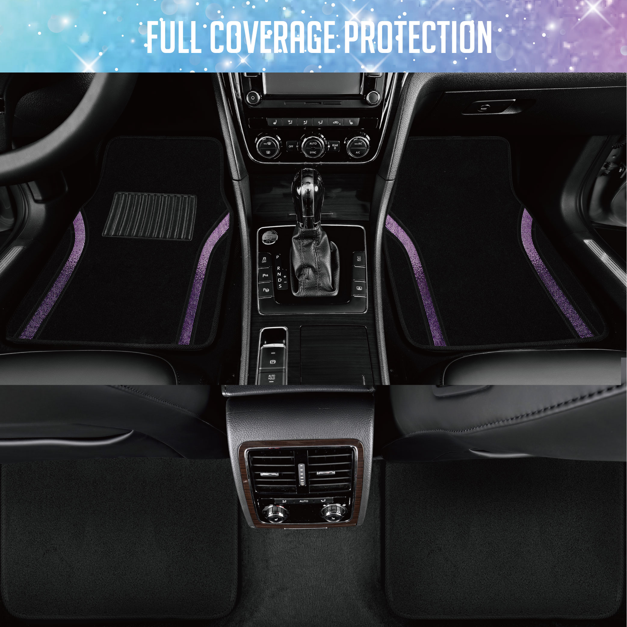Auto Drive Bling Diamond Car Floor Mats, 4-Piece Glitter Carpet Set, Universal Fit for Cars，SUVs Dark Purple