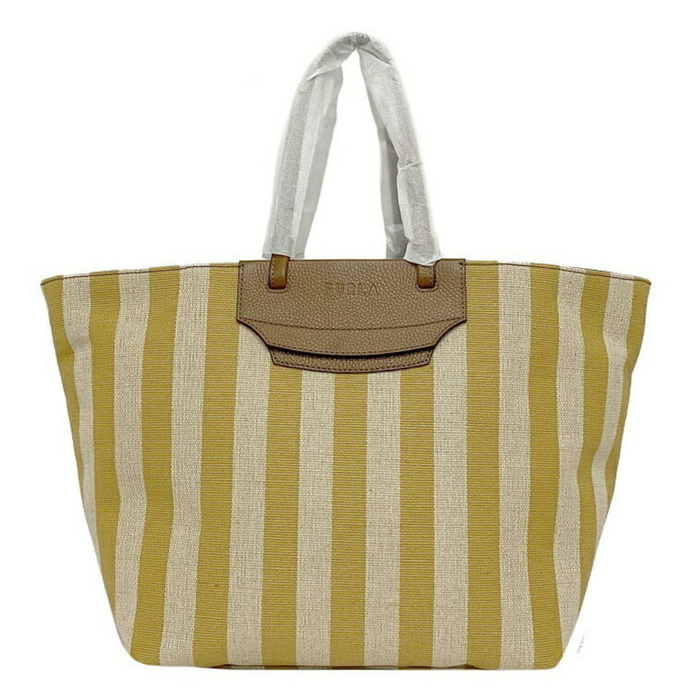 Authenticated used Furla Tote Bag Beige Yellow Brown Wb00510 Bx0635 Canvas Leather Furla Striped Laundry Ladies, Adult Unisex, Size: (HxWxD): 30cm x