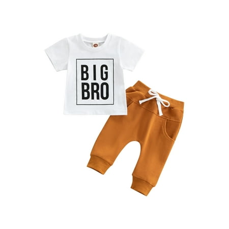 

Sunisery Infant Baby Boys 2Pcs Outfits Letter Print Round Neck Short Sleeve T-Shirt + Long Pants Brother Matching Sets White Brown 2 12-18 Months