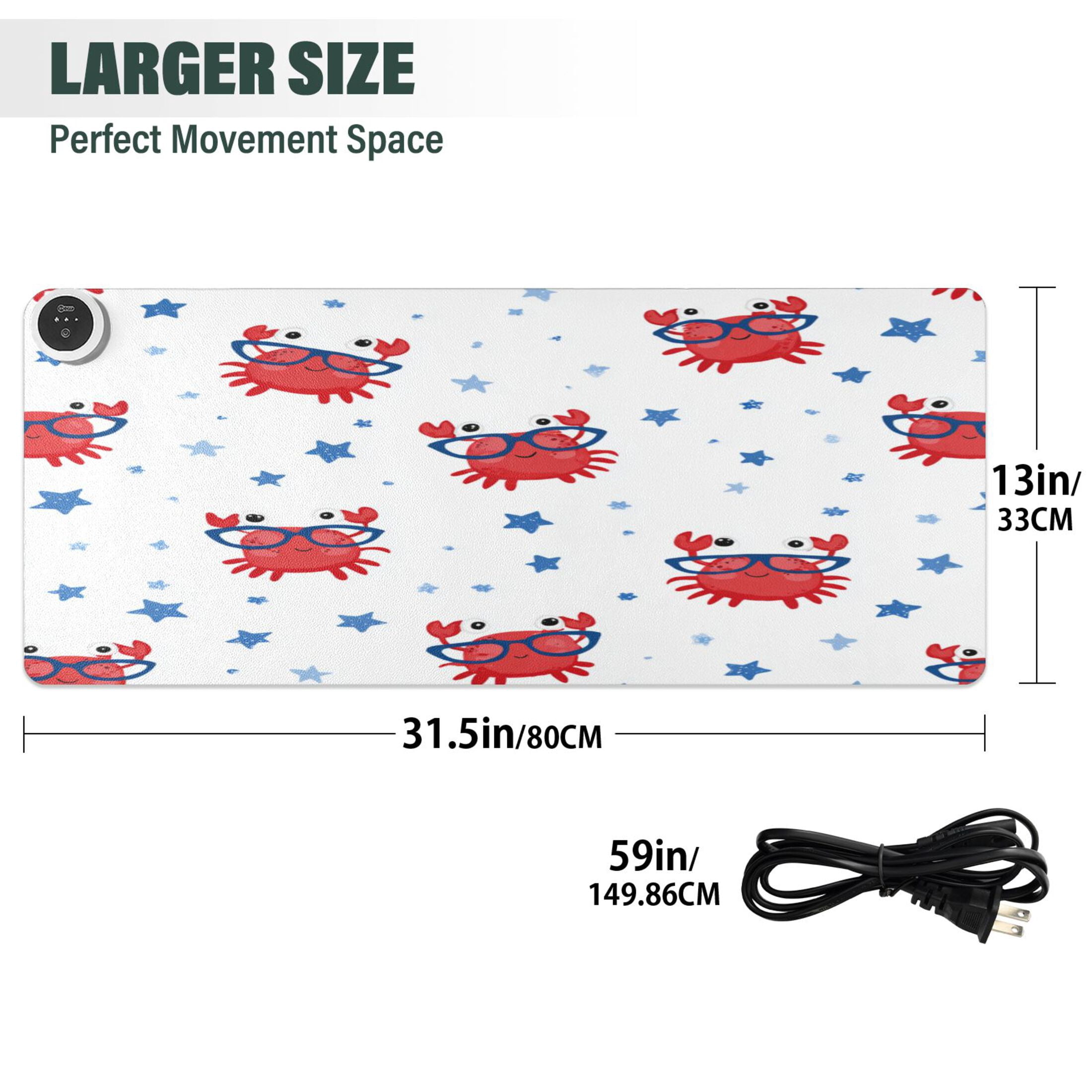 Large Heated Desk Mat Mouse Pad 31.5"x13"PU Leather Graphene Heating Desk Warmer with 3 Temperature Settings 110V US Plug Non-Slip Warm Pad for Home, Office, and Gaming Cool Crab with Glasses