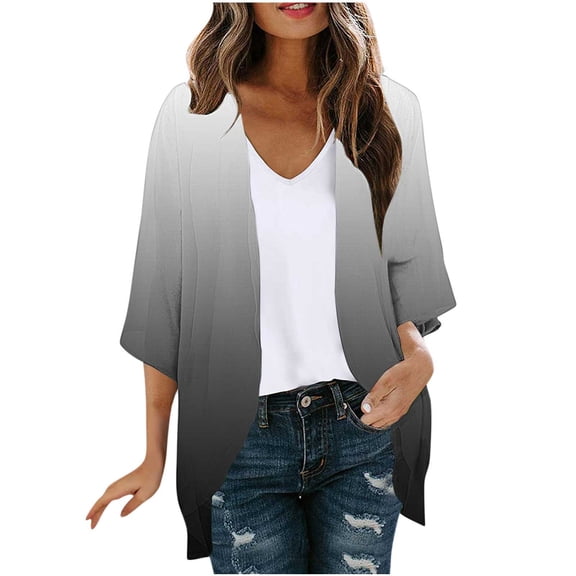 LNWUY Women's Curved Hem 3/4 Sleeve Cardigan Tops Casual Open Front Lightweight Cardigans Gradient Color Summer Clothes Gray S