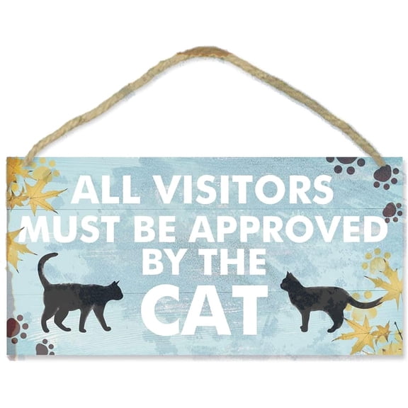 Tin Signs Funny Cat Pet Lover Wood Sign-12.5x25cm,All Visitors Must Be Approved by The Cat Wooden Plaque Hanging Wall Art, Lovely Cat Footprint Maple Leaves Door Home Decoration Vintage Metal