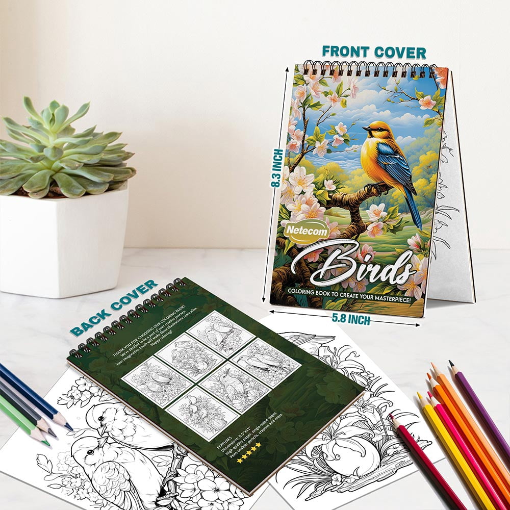 Netecom Birds Coloring Book Spiral Bound for Adults, A5 Wooden Cover, 30 Charming Birds Coloring Pages with Variety of Bird Species for Stress Relief and Relaxation