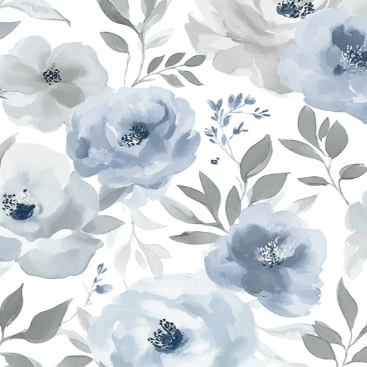 Boho Peel and Stick Wallpaper Blue Gray Floral Watercolor Peonies Leaves Contact Paper 23.6in x 9.8ft Wallpaper Removable Self Adhesive Wall Paper for Bedroom Nursery