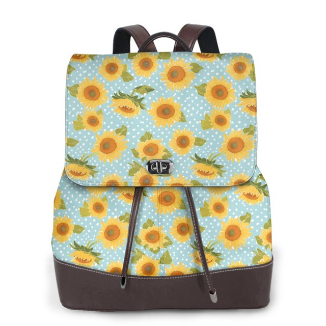 Disketp White Polka Dot Sunflower A Mochila de Cuero para Mujer, Bolso de Espalda Antirrobo con Estilo para Viaje, Trabajo y Uso Diario
