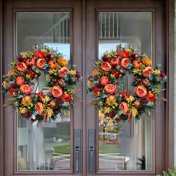 EZPXFCI 15.75 Inch Fall Wreaths for Front Door with Blue Hydrangea, Fall Wreath Front Door with Purple Orange Peony and Pumpkins-Fall Decoration for Home-Large Fall Decor Door Wreath for Autumn