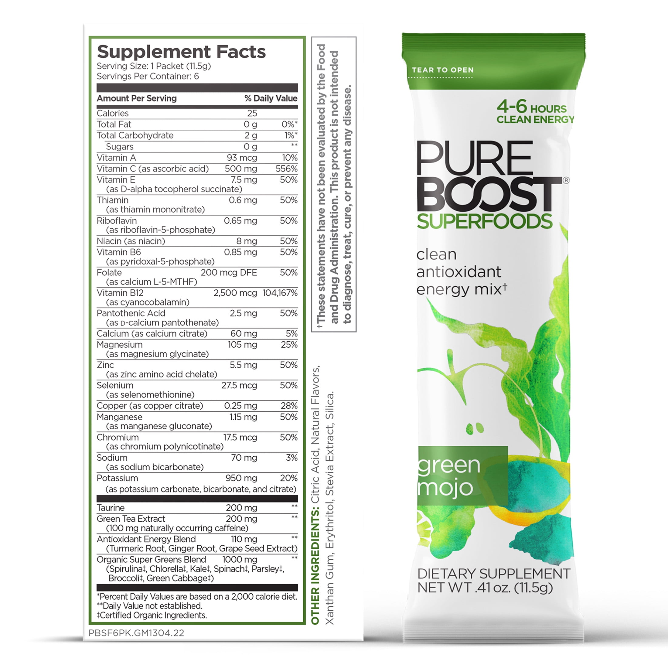 Pureboost Clean Green Superfood Energy, Green Mojo, 6 Ct, Powder Packet Drink Mix