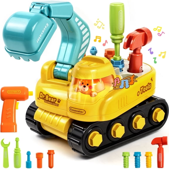 Marstone Take Apart Excavator Toy for Toddlers 18 Months , Construction Truck with Lights & Music, Cute Bear Driver, Electric Drill, Wrench, Hammer & Screws – Educational STEM Vehicle for Boys
