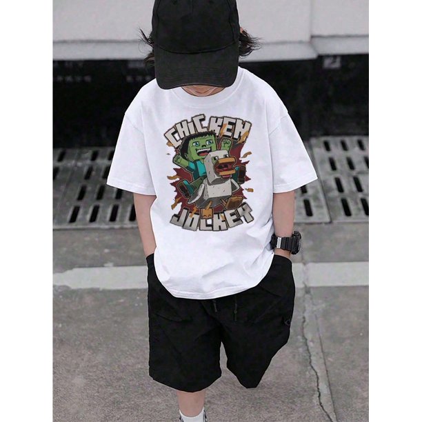 Boy's Cool Graphic Tee Shirt Style Chicken Jockey Print Fun Summer Casual Top For Kids Unique Cartoon Design Short Sleeve TShirt