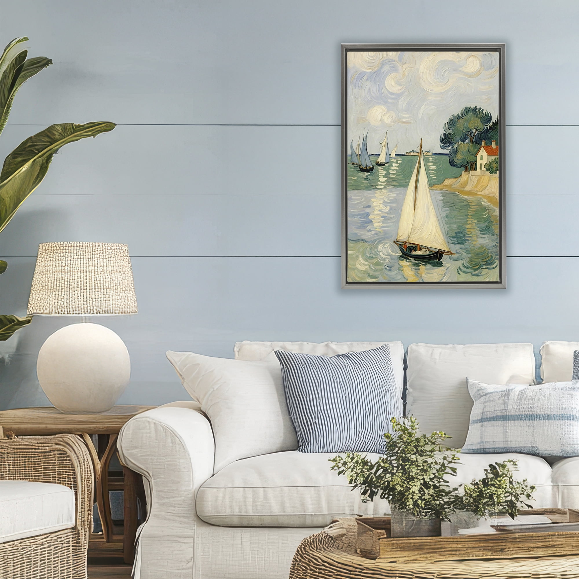 Stupell Industries Coastal Sailboats Under Swirling Clouds Gray Framed Floater Canvas Wall Art, design by Angie Hawke