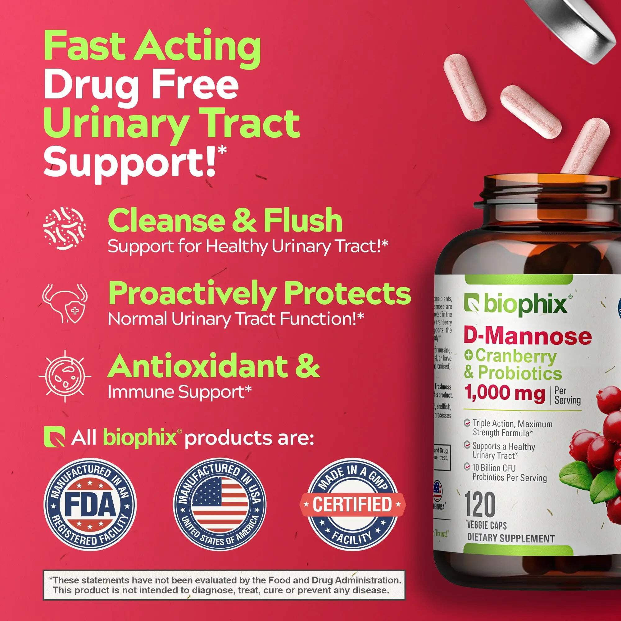 Biophix D-Mannose with Cranberry & Probiotics 1000mg – 120 Vcaps for Urinary Tract Health Support