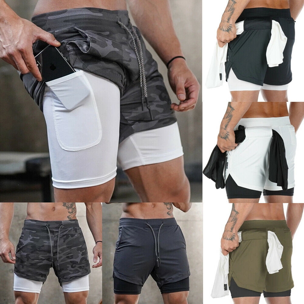 Men's 2 in 1 Running Shorts Workout Training Gym Quick Dry Bodybuliding  Athletic Short Jogger with Pockets