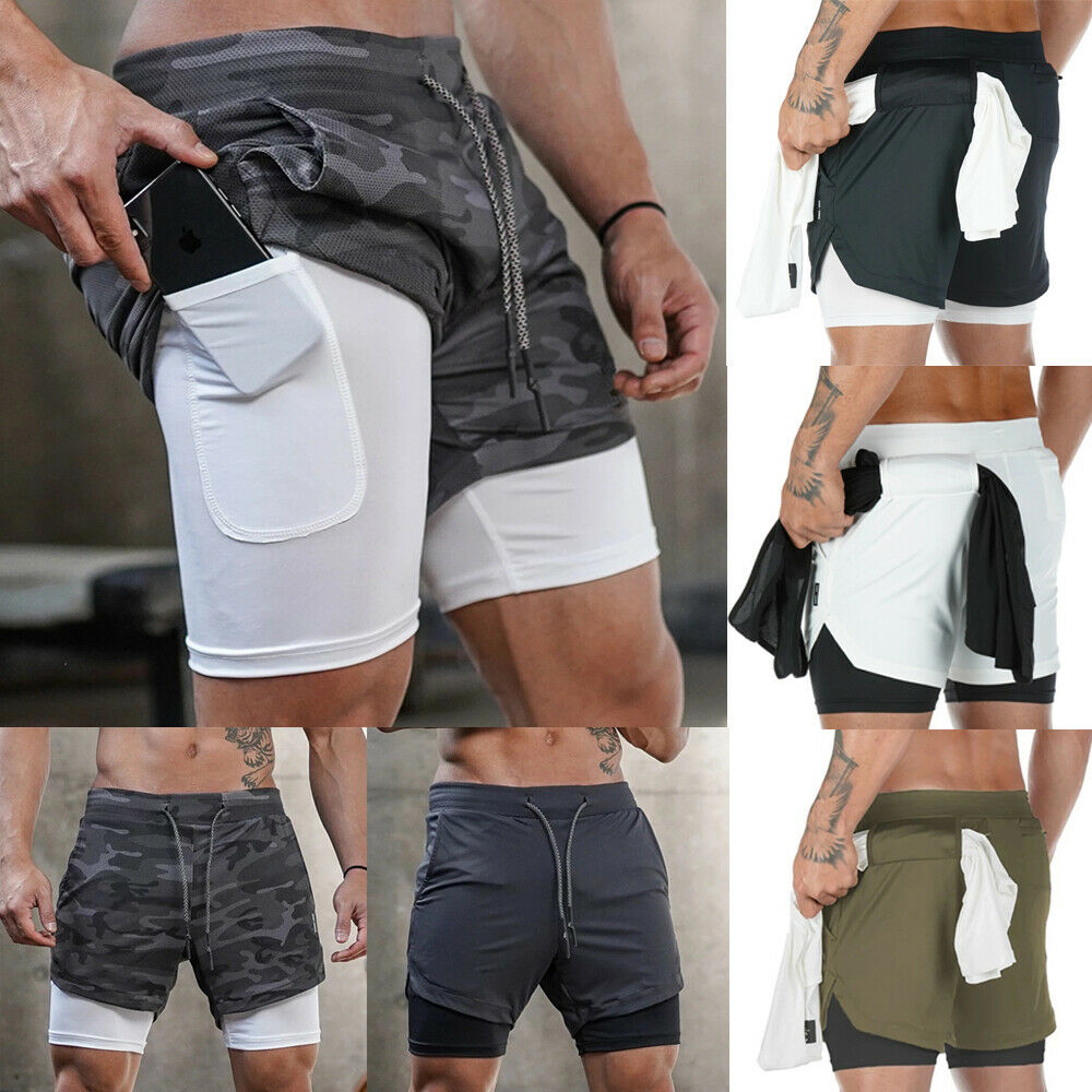 Running Shorts Men Athletic Shorts 2-in-1 Sports Shorts with Mesh Liner Zip Pockets Breathable Drawstring Men's Active Training Exercise Gym Shorts Lightweight Quick Dry Men's Work-Out Shorts 