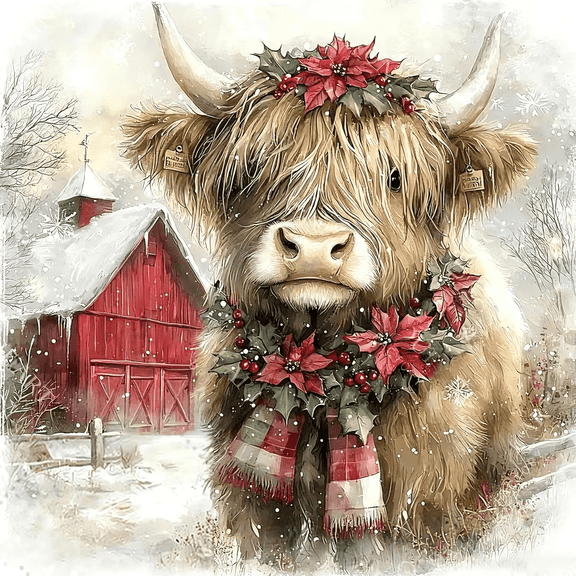Christmas Diamond Art Kits for Adults, 5D DIY Xmas Highland Cow Diamond Painting Kits for Beginners, Diamond Dots Gem Arts Crafts for Home Decor 12x12in