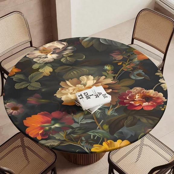 Elegant Flowers Round Fitted Tablecloth with Elastic Round Elastic Tablecloth 45"-50" Fitted Table Cover Waterproof Wipeable Circle Table Cloth for Outdoor Picnic
