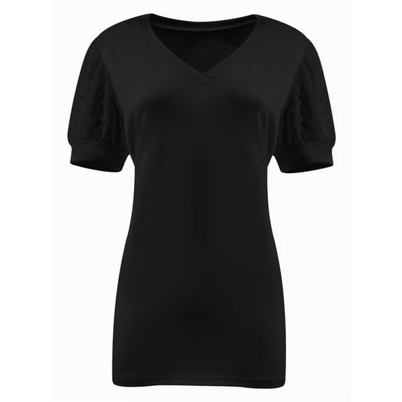 Womens Casual Cropped T Shirts V Neck Swiss Dot Puff Sleeve Crop Tops Summer Loose Basic Tees Tshirts