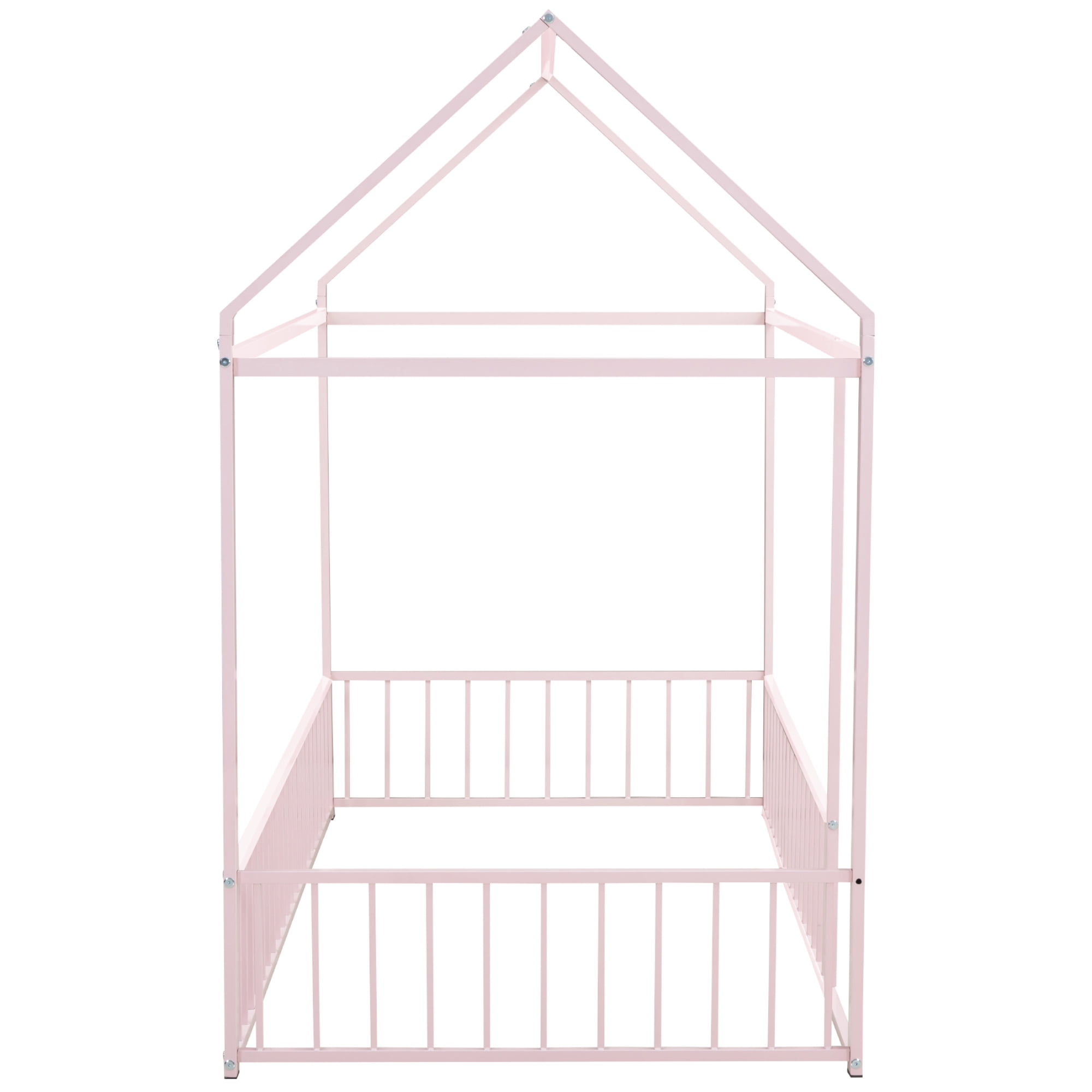 Twin Size Metal House Bed Frame with Rails, Montessori Floor Bed  without Slats (Pink)