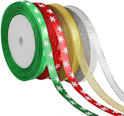 4 Rolls 100 Yards Christmas Ribbons, Metallic Glitter Ribbon for Gift Wrapping,10mm Wide Snowflake Printed Organza Satin Ribbons for DIY Crafts Holiday Party Decorations