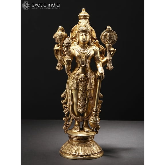 13 Inch Four-Armed Standing Lord Vishnu Brass Statue - Temple Murti