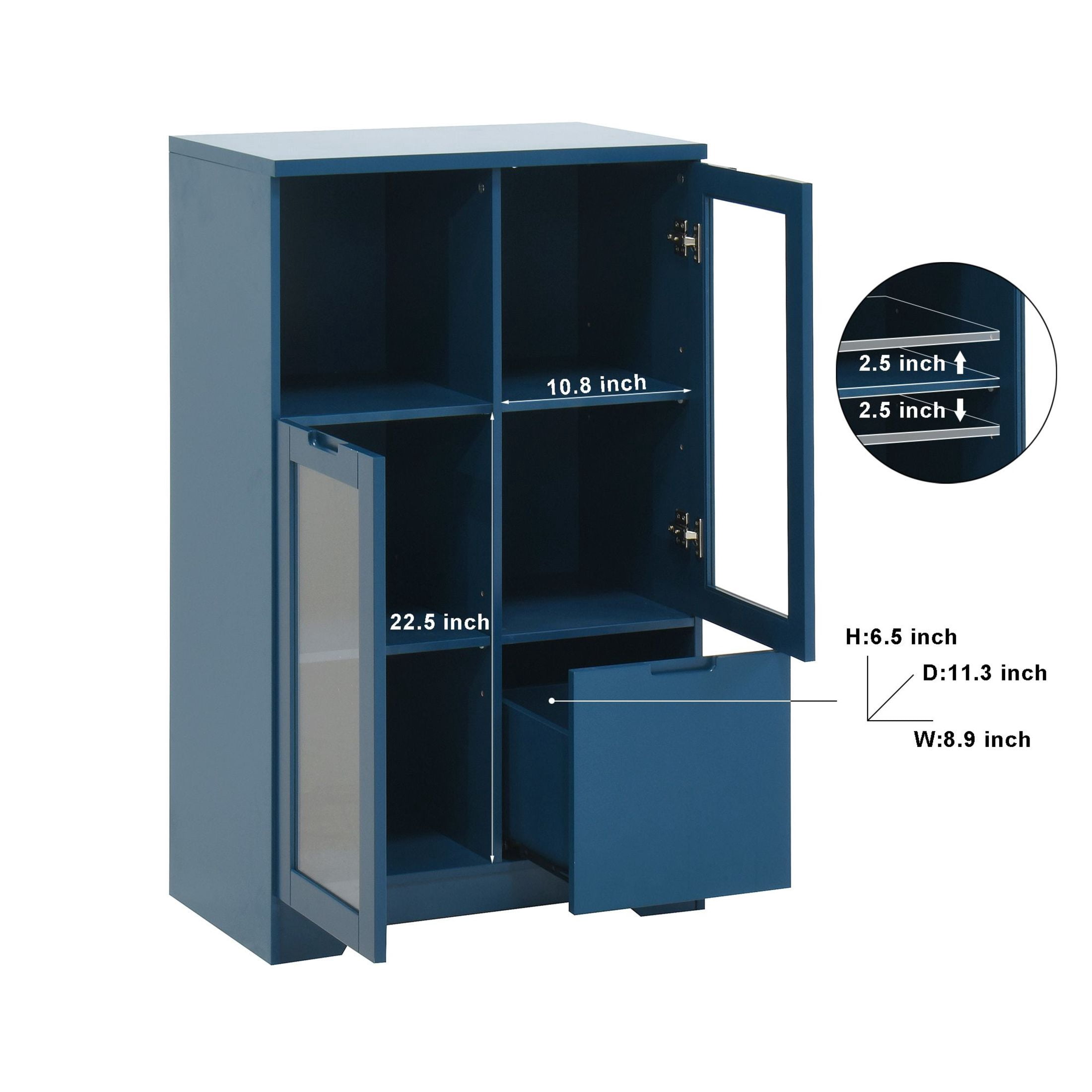 Noble House Storage Cabinet with Glass Doors and Drawer, Adjustable Shelves, Navy Blue