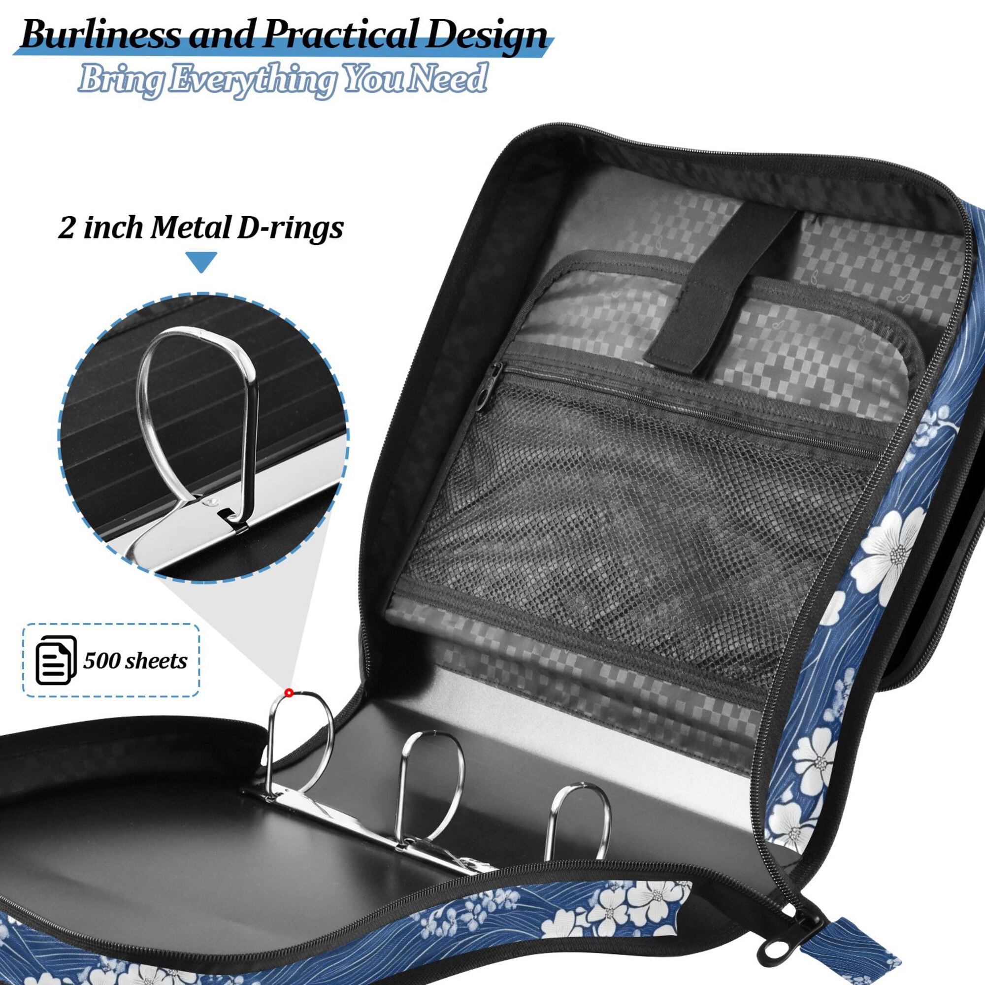 FORMRS Zipper Binder with Shoulder Strap 2-inch Ring 500 Sheet Capacity File Bag, Floral Ocean Waves