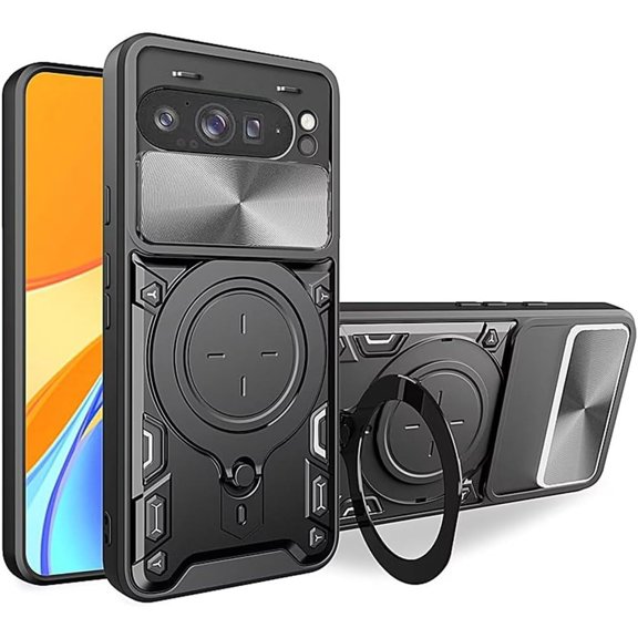 KOMI Case for Google Pixel 9,Military Grade Flashing [Built-in Kickstand] Magnetic Rotate Metal Ring Holder Heavy Duty TPU PC Shockproof Protect Phone Case for Google Pixel 9 Pro 5G,2024 (Black)